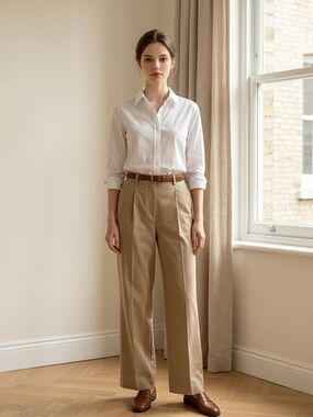 H&M Cotton Classic High-Waist Wide-Leg Women 6 Pleated Career Khaki Color Pants